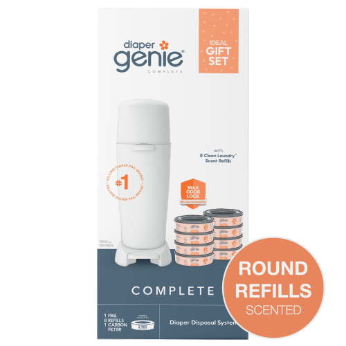 Diaper Genie Baby Registry Gift Set, Pail with 8 Clean Laundry Scent Refills, White