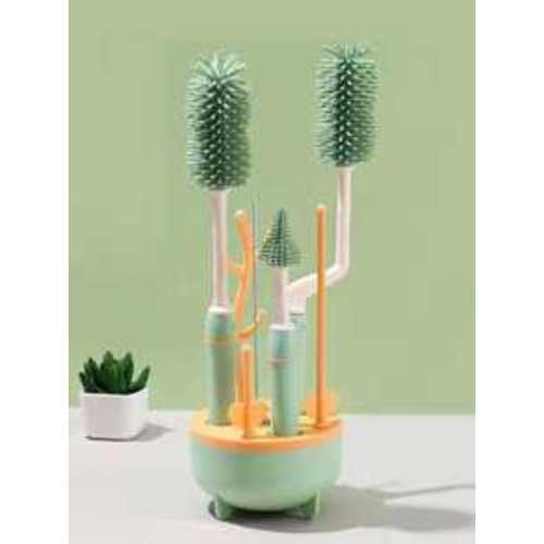 1set Green Silicone Bottle Brush Set For Cleaning Baby Bottles, Pacifiers, And Straws
