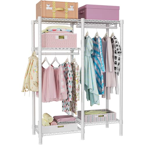 Ulif F1 Garment Rack for Kids, Baby, Students, and Children's Room, 4 Tiers Freestanding and Portable Heavy Duty Closets, Small Metal Clothes Rack with 2 Hanging Rod, 31.2" W x 11.8" D x 48" H, White