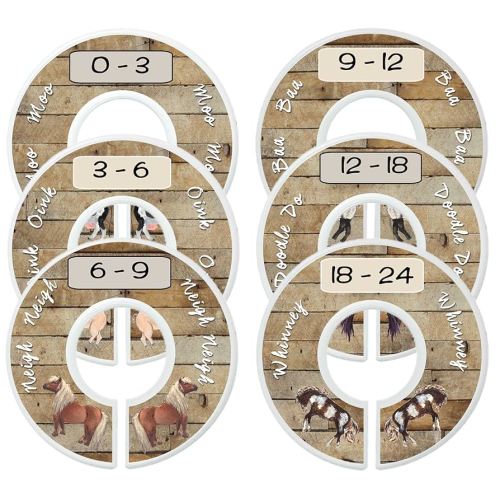 Baby Nursery Closet Dividers, Barnyard Themed, 6 Piece Set, Plastic, Multicolor, 3.5 in Height and Width, 1 3/8 in Diameter Opening