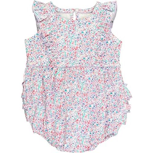 RuffleButts® Baby/Toddler Girls Light Wash Denim Bow-Front Bubble Romper
