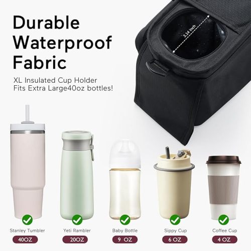 Momcozy Universal Stroller Organizer with Insulated Cup Holder Detachable Phone Bag & Shoulder Strap, Fits for Stroller like Uppababy, Baby Jogger, Britax, BOB, Umbrella and Pet Stroller - Black