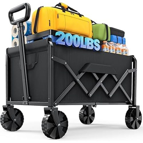 Kitsure Collapsible Wagon with Wheels, Foldable Dog Wagon Carts with 200lbs Load Capacity, Utility Shopping Cart, Black, 28.0" x 17.0" x 36.0"