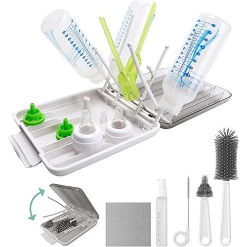 Baby Bottle Brush, 7 in 1 Travel Bottle Cleaner Kit with Silicone Bottle Brush, Nipple Brush, Straw Brush, Soap Dispenser, Bottle Drying Rack, Dishcloths, Portable Essentials for Home and Travel-White