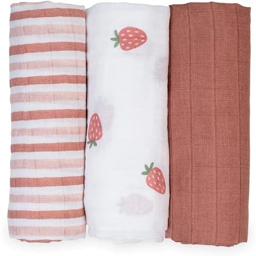 lulujo Baby Receiving Blanket| Unisex Softest 100% Cotton Muslin Blanket| Neutral Receiving Blanket for Girls & Boys | 28in x 28in | Baby Gift| Strawberries