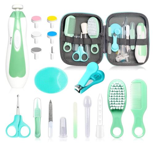 Baby Grooming Kit - 19 in 1 Nursery Essentials Baby Registry Shower Gift for Newborns, Infants, Toddlers, Boys, Girls Kids-Safety Baby Comb, Brush, Finger Toothbrush, Nail Clippers, Scissors(Green)