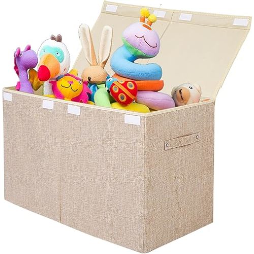 popoly Large Toy Box Chest Storage with Flip-Top Lid, Collapsible Kids Storage Boxes Container Bins for Toys, Playroom Organizers, 25"x13" x16"(Linen Beige)