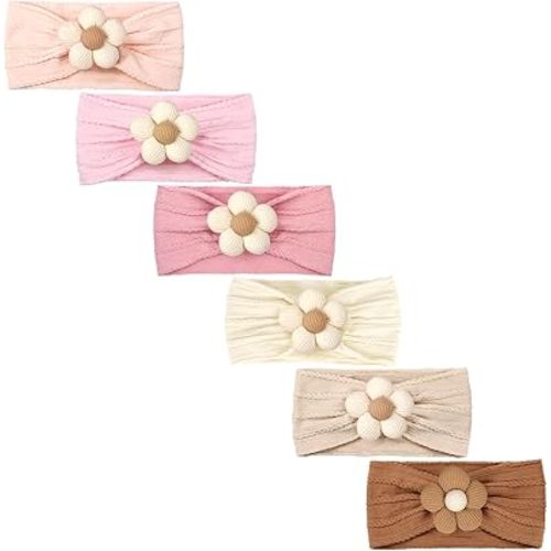 MIUXUESO 6 Pcs Baby Flower Headbands Baby Girls Nylon Headbands Soft Hairbands Hair Accessories for Newborn Infant Toddler Kids (Beige Brown Yellow Pink Purple Orange)