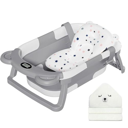 MoreFeel Collapsible Baby Bathtub for Newborn with Thermometer & 1 Hooded Towel & 1 Soft Floating Cushion,Portable Travel Bathtub with Drain Hole, Durable Foldable Baby Tubs for Infants to Toddler