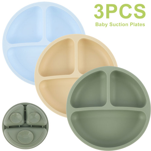 3Pcs Silicone Suction Plates for Baby Non Slip Self Feeding Training Plates Portable Toddlers Divided Plates Dishwasher