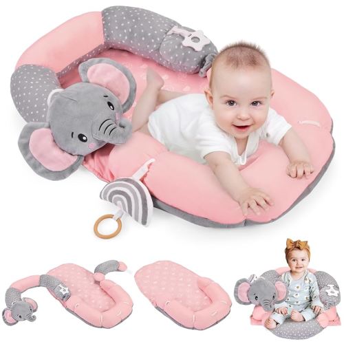 4 in 1 Tummy Time Mat & Seated Support Pillows, Play Mat, Sitting Support for Newborn 0-12 Months, Infant Baby Sit Me Up Floor Seat, Sensory Development Gifts Tummy Time Play Toys, Elephant