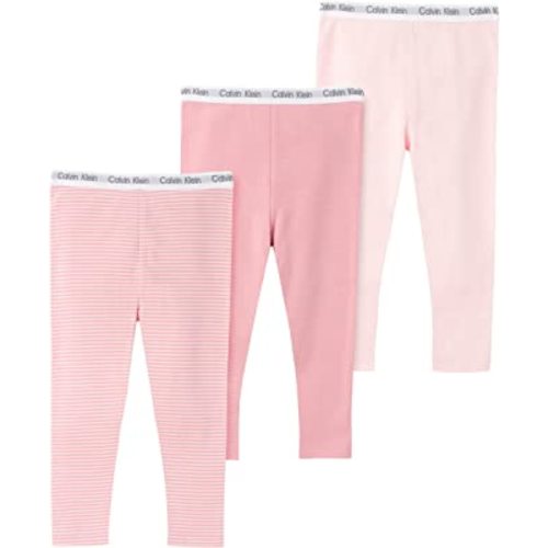 Calvin Klein Organic Baby Girls Essentials 3-Pack Cotton Pants, Everyday Casual Wear, Ultra-Soft & Comfortable Fit, Rosewater/Country Rose