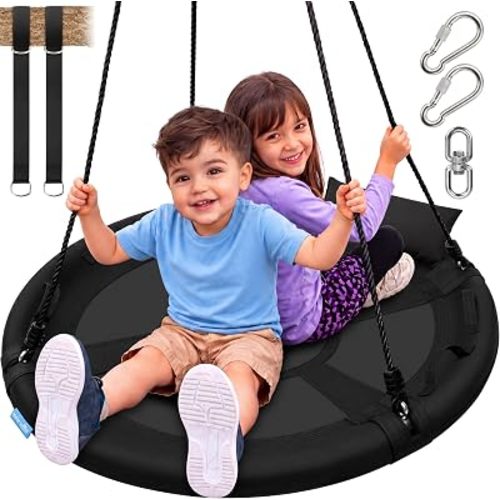 SereneLife Saucer Swing with Tree Hang Kit, 40” Outdoor Tree Swing, 2 Adjustable Hanging Rope Straps and Center Swivel Spinner for Kids (Black)