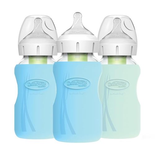 Dr. Brown's Natural Flow Anti-Colic Options+Wide-Neck Glass Baby Bottles 9 oz/270 mL, with Level 1 Slow Flow Nipple, 3 Pack with Blue & Mint 100% Silicone Sleeves, 0m+ - 3 Pack, 9 oz + Blue & Mint
