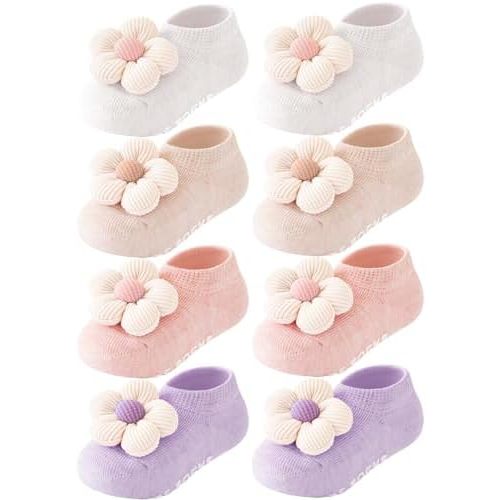 Konssy 4 Packs Baby Girl Socks with Cute Flower, Anti Non-Slip Soft Cotton Newborn Low Cut Ankle Socks for Girls