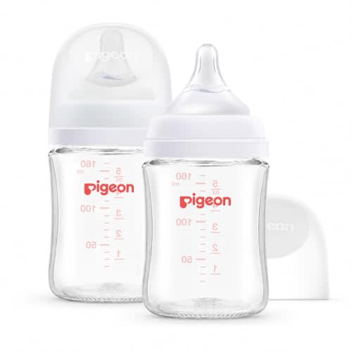 Pigeon Glass Nursing Bottle Wide Neck, Anti-Colic, Streamlined Body, Natural Feel, Easy to Clean, Heat-Resistant, 5.4 Oz (Pack of 2), Includes 2pcs SS Nipples (0m+)