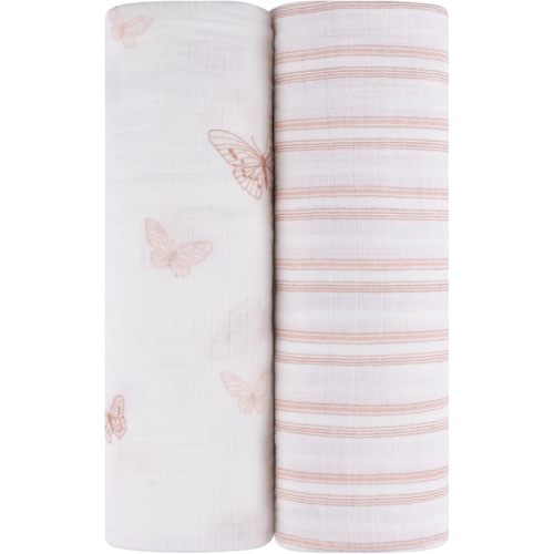 Ely's & Co. Muslin Swaddle Blankets 2-Pack for Baby Girl, 100% Cotton Muslin Extra Large Swaddle Receiving Blankets, 47”x47” (Pink Butterflies + Stripes)