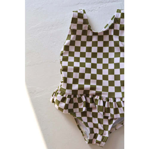 One Piece Girls Swim Suit | Wave Chaser Olive Checker