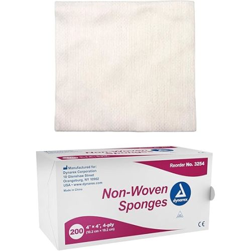 Dynarex Esponjas no tejidas, no estériles, gasa, para limpieza, preparación y aderezo, altamente absorbentes, menos pelusas, 4 x 4 pulgadas, 4 capas, 1 caja de 200 esponjas