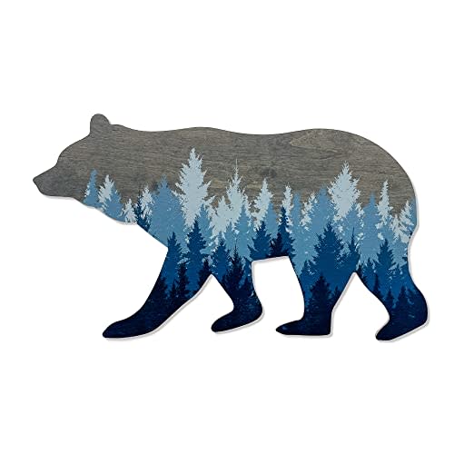 Forest Bear Wall Sign, Adventure Woodland Theme, Rustic Nursery Decor, Man Cave Home Bedroom Cabin Office House Art Decorations, Hickory Hollow Designs… (Grey/Blue Pine Trees)