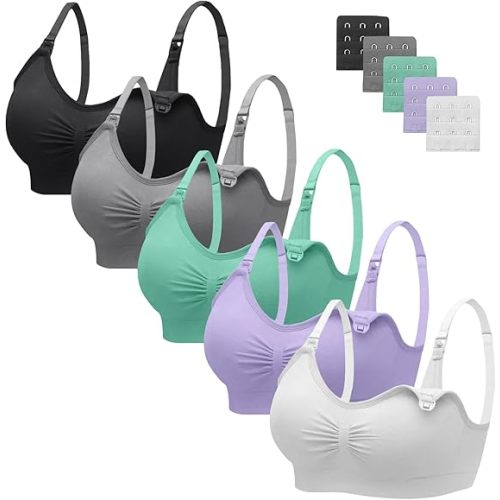 Angelhood Nursing Bra 5 Pack Womens Maternity Breastfeeding Seamless Wireless Sleep Bra with Extenders
