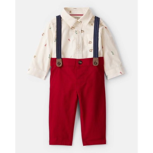 Baby Boy 3-Piece Holiday Print Cotton Long-Sleeve Shirt & Suspender Pant Set - Red/White - Carter's | Carter's