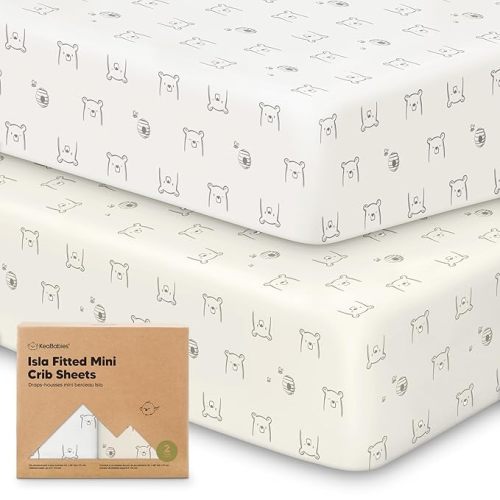 Pack and Play Sheets Fitted - 2-Pack Mini Crib Sheets for Pack N Play Mattress, Soft & Cozy, Neutral Toddler Playard Bedding, Snug Fitted Mini Baby Crib Mattress Cover Set for Boys,Girls(Bumble Bear)