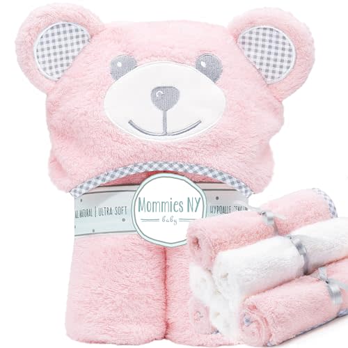 7 Pack Premium Girl Baby Towel and Washcloths Set - Organic Bamboo Viscose Toddler Hooded Towel - X Large Size Bath Towel with Hood for Toddler Infant Newborn - Cute Bear Ears - Pink Bundle