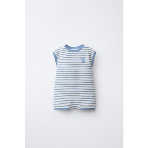 STRIPED KNIT SHORT JUMPSUIT WITH BUNNY PATCH - Ecru / Blue | ZARA United States