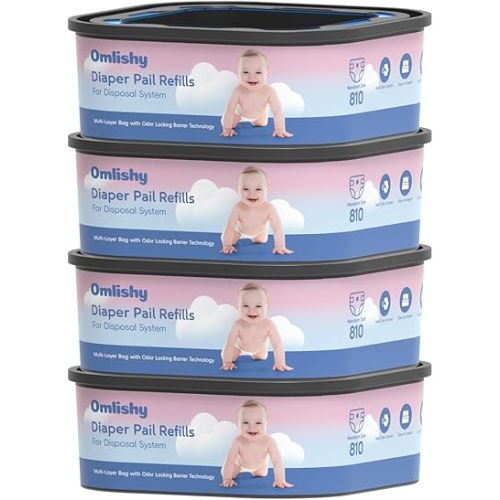 Jumbo Square Bags Refill Compatible with Genie Diaper Compact, Select Pails (Not Fit Classic), Max Order Control, Disposal Bag Refills with Continuous Film, Holds Up to 810 Newborn Diapers, 4 Pack