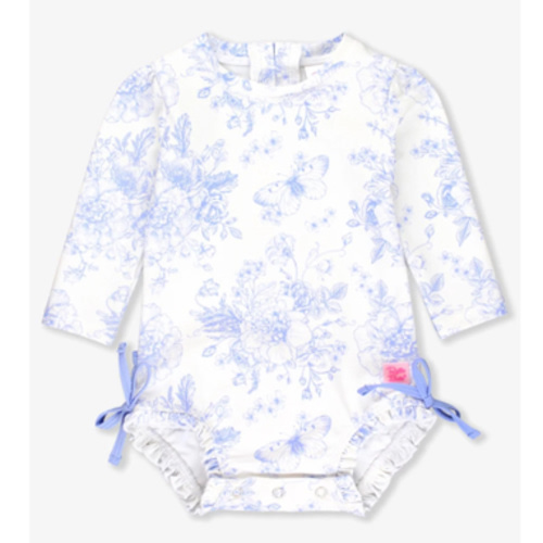 Long Sleeve One Piece Rash Guard | RuffleButts Periwinkle Blue Butterfly Toile Garden