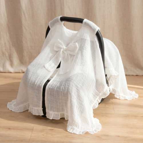 Baby Car Seat Ruffle Trim Canopy Cover | Cotton Bow Baby Stroller Sun Shade | Elegant Baby Girl Shower Gift