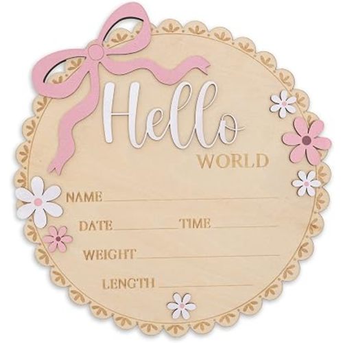 Hello World Wooden Baby Birth Announcement Sign, Pink Floral Newborn Name Date Time Weight Length Board, Baby Girl Nursery Decor Photo Prop Keepsake (Light Pink)