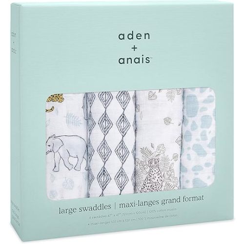 aden + anais Swaddle Blanket, Boutique Muslin Blankets for Girls & Boys, Baby Receiving Swaddles, Ideal Newborn & Infant Swaddling Set, Perfect Shower Gifts, 4 Pack, Jungle Toile