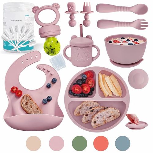 Baby Led Weaning Supplies | Silicone Baby Feeding Set Includes Suction Bowls and Plates, Baby Utensils Spoons and Forks,Cup for Toddler | Babies Eating Dishes Set 6-12 Months（Pink） - 2-Blossom Whisper