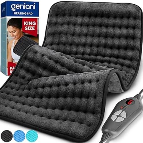 GENIANI Double Sided XL Heating Pad Electric for Lower Back Pain & Period Cramps Relief, Heat Pad with 6 Heat Settings for Neck & Shoulders, Heat Patches (12"x24" Jet Black)