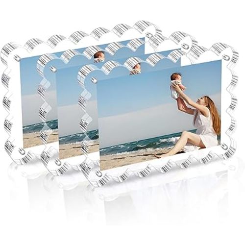 3 Pack Acrylic Picture Frame: 4x6inch Magnetic Picture Frames, Double Sided Magnet Frames,10+10mm Thick Block, Clear Photo Scalloped Frames Freestanding for Desktop Display (Clear, 4X6)