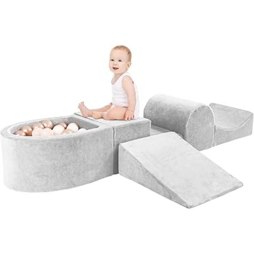 HOFISH 5-Piece Foam Playset for Toddler Children, Playset Designed Easy to Clean or Install, Children Indoor Active Climbing Crawling and Playing -(Balls NOT Included) (Light Gray, 5PCS)
