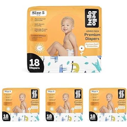 Hello Bello Premium Baby Diapers Size 5 I 18 Count of Disposable, Extra-Absorbent, Hypoallergenic Baby Diapers with Snug and Comfort Fit I Sleepy Sloth (Pack of 4)