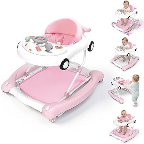Baby Walker, 5-in-1 Baby Walker for Boys and Girls with Bouncer, Removable Footrest, Music, Foldable & Adjustable Speed Wheels Activity Walker for 6-18 Months Toddler Infant(Pink)