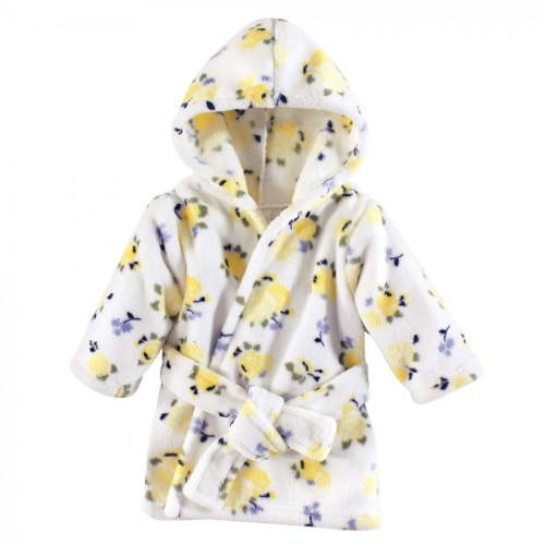 Luvable Friends Baby Girl Plush Bathrobe, Yellow Floral, 0-9 Months