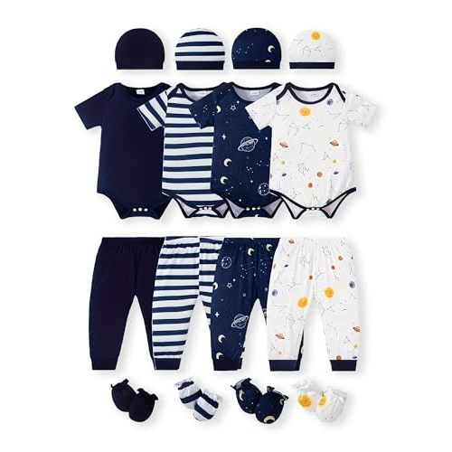 NZRVAWS Newborn Baby Boy Girl Clothes Unisex Infant Romper Pants Set Hat 4-Pack Outfits 0-12 Months 16 Pieces Toddler