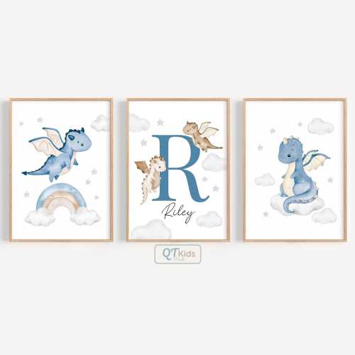 Dragon Nursery Prints, Personalized Boy Name Room Wall Art, Fairytale Playroom Decor, Baby Kids Room Baby Dragon Posters,  DIGITAL DOWNLOAD