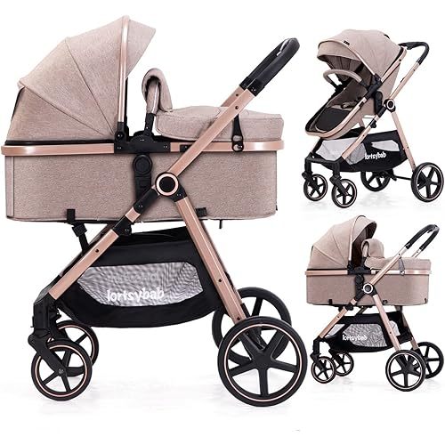 2-in-1 Baby Stroller with Bassinet Mode - Folding Infant Newborn Pram Stroller with Reversible Seat - Toddler Strollers for 0-36 Months Old Babies (Beige)