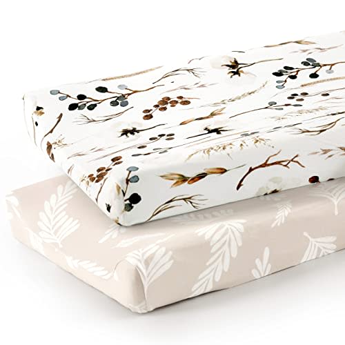GRSSDER Stretch Ultra Soft Jersey Knit Changing Pad Cover Set 2 Pack, Change Table Pad Covers Fit 32"/34" x 16" Pads Safe and Snug, Unisex Stylish Pretty Diaper Change Table Sheets for Baby, Beige