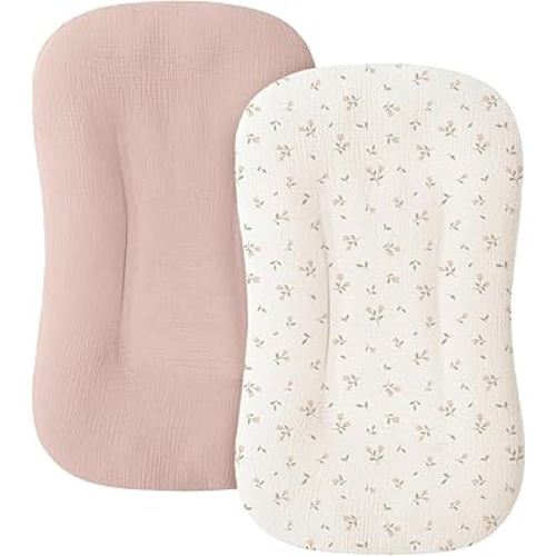 Muslin Baby Lounger Cover for Newborn & Infant, 100% Cotton Soft and Breathable Lounger Slipcover for Baby Girls and Boys, Pack of 2 (Pink Blossom)