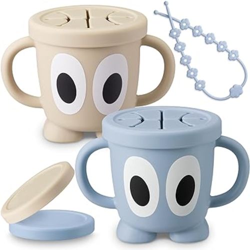 Silicone Snack Cups Food Container for Toddlers and Babies, Spill Proof Training Cup with Snack Cup Lid & Dust Proof Lid, Comes with a toy strap, Without BPA, Lead, or Phthalates (Ether&Beige)