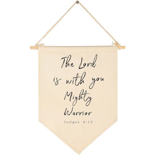 The Lord is With You Mighty Warrior-Scripture Gifts for Baby Boys Kids-Christian Bible Verses-Canvas Hanging Pennant Banner Wall Decor Gifts for Nursery Baby Room Homeschool Playroom Front Door