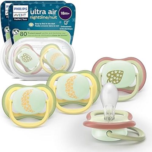 Philips Avent Ultra Air Nighttime Pacifiers - Orthodontic Design, for Babies 18 Months+, Glow in The Dark, Extra-Firm Silicone Symmetrical Nipple, BPA-Free, 2 Sterilizing Cases, 4 Pack, SCF376/38