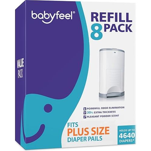 Babyfeel Refills for DEKOR PLUS Diaper Pails, 8 Pack, Exclusive 30% Extra Thickness, Fresh Powder Scent, Holds up to 4640 Diapers